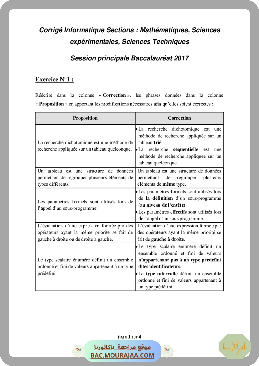 Corrigé principale info Bac 2017 – Section math